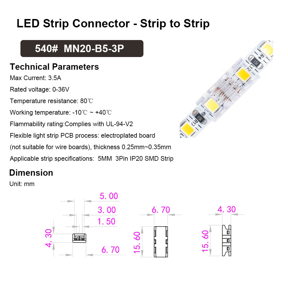 IP20 COB SMD 5mm 3pin Led Strip Connector - Image 2
