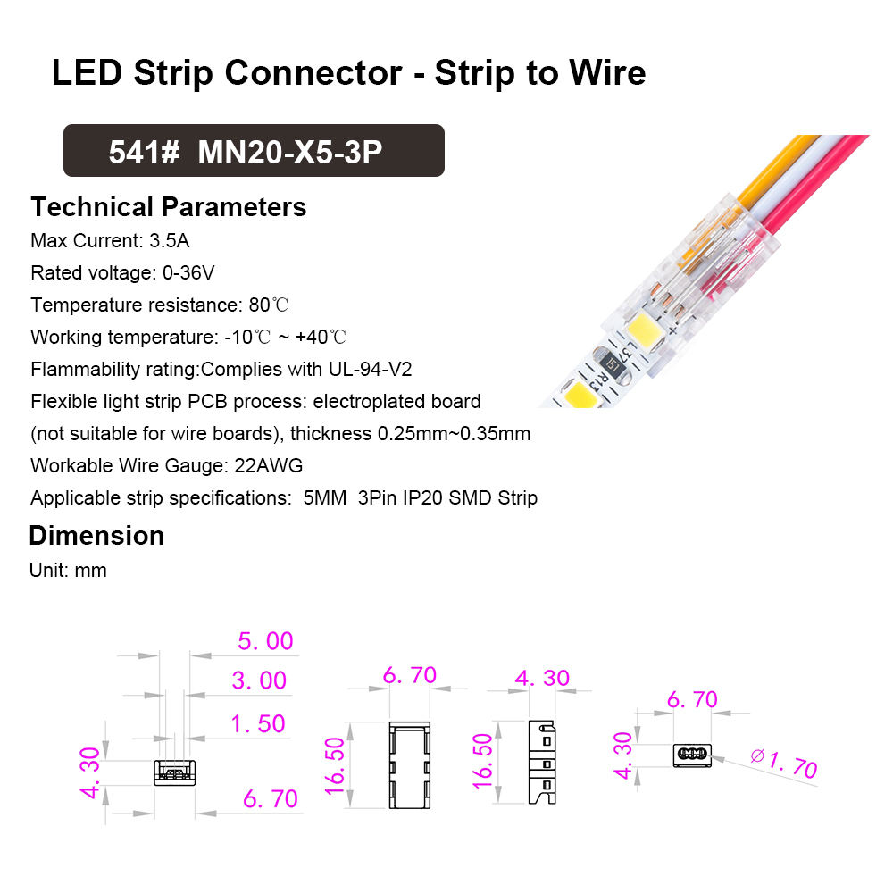 IP20 COB SMD 5mm 3pin Led Strip Connector - Image 3