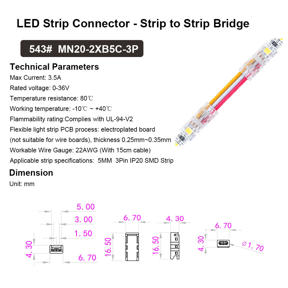 IP20 COB SMD 5mm 3pin Led Strip Connector - Image 4